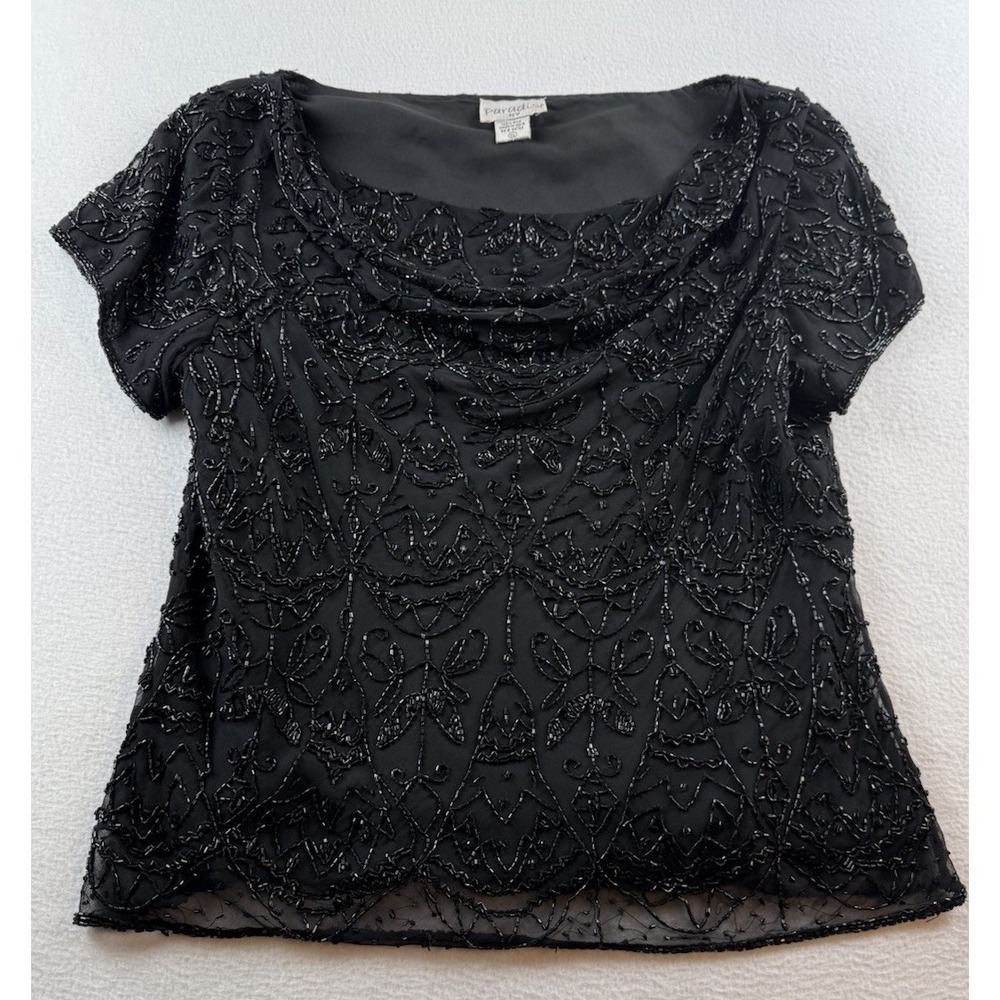 Paradise NY Black Beaded Sheer Short Sleeve Silk Draped Neck Blouse XL